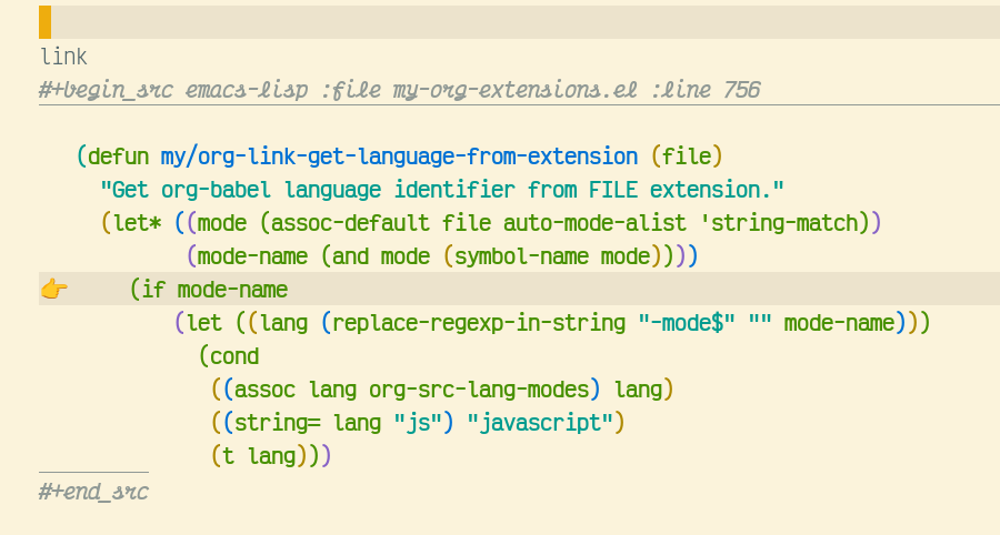 The same org-mode file link with the referenced source lines inlined as a preview directly below it
